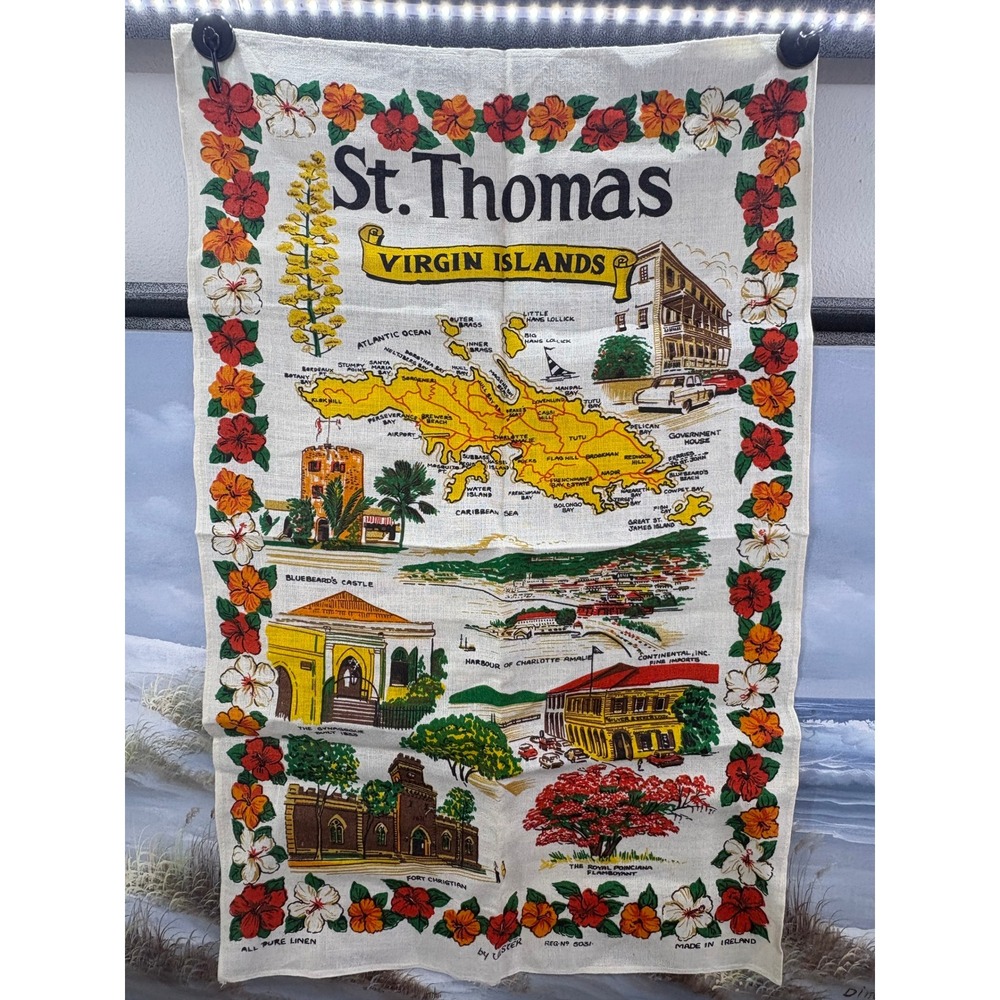Vintage Ulster St Thomas Virgin Islands Linen Tea Towel Souvenir Map Ireland